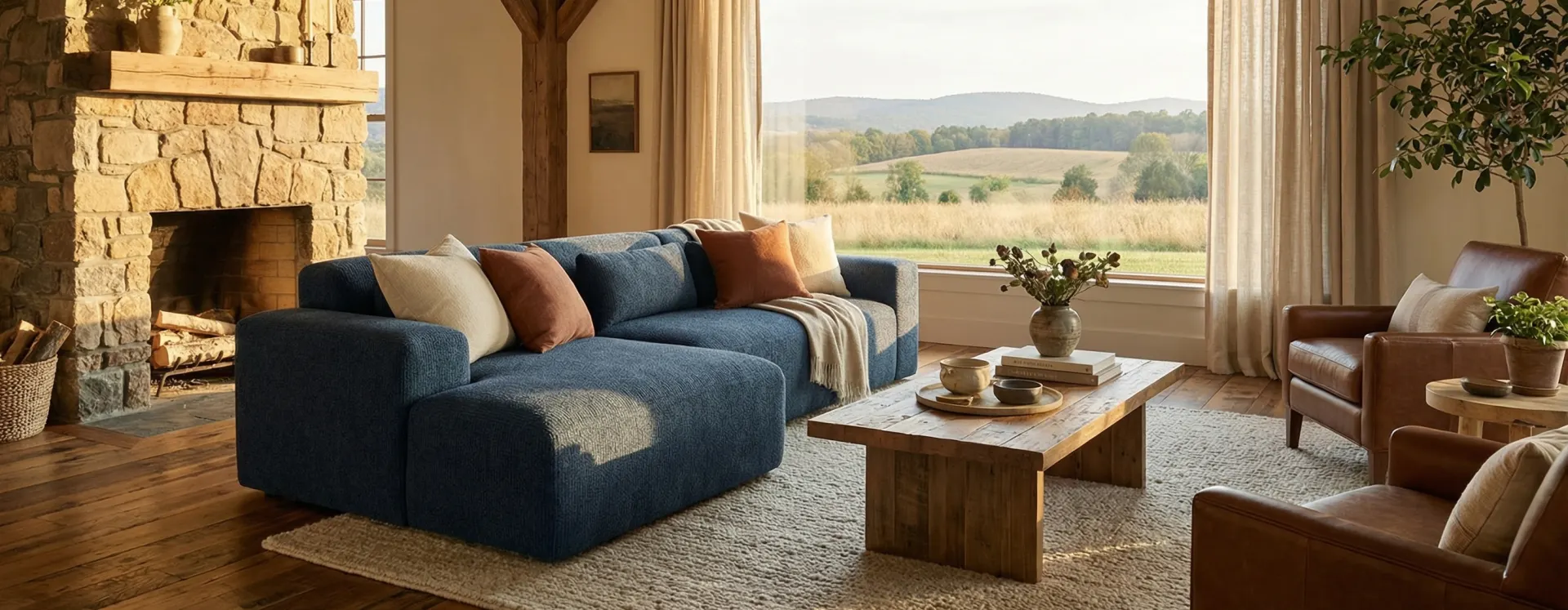 A grey corduroy Candy corner sofa in a modernist living room with multicoloured cushions and expressionist artwork on the wall