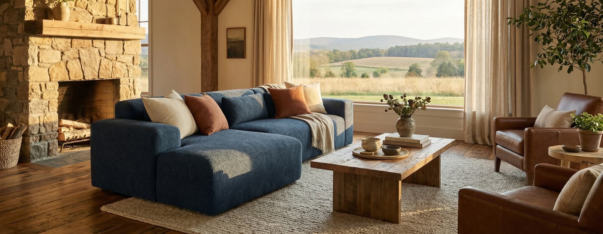 A grey corduroy Candy corner sofa in a modernist living room with multicoloured cushions and expressionist artwork on the wall